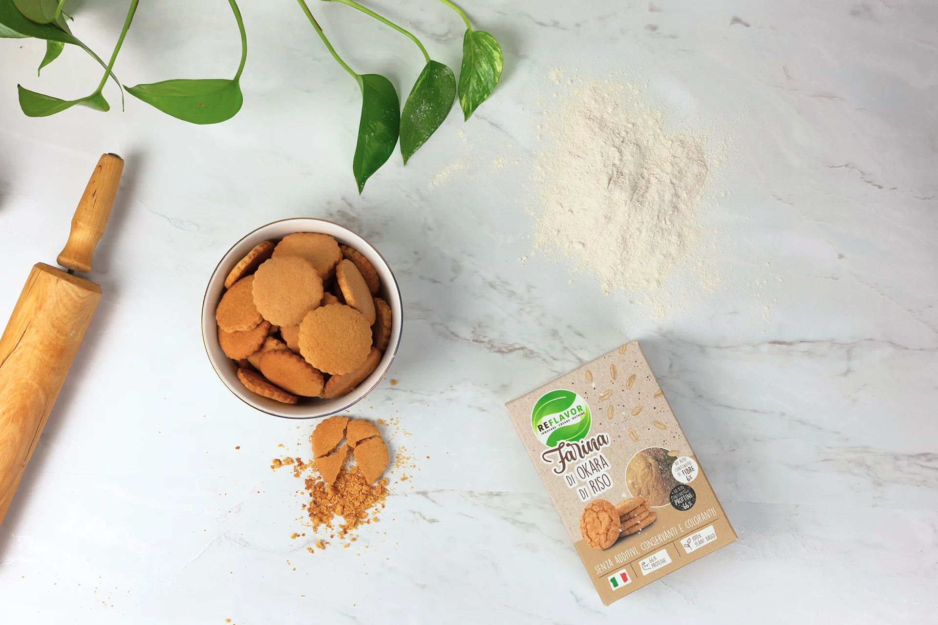 Immagine che mostra una ciotola con dei biscotti fatti con farina di Okara di Riso
