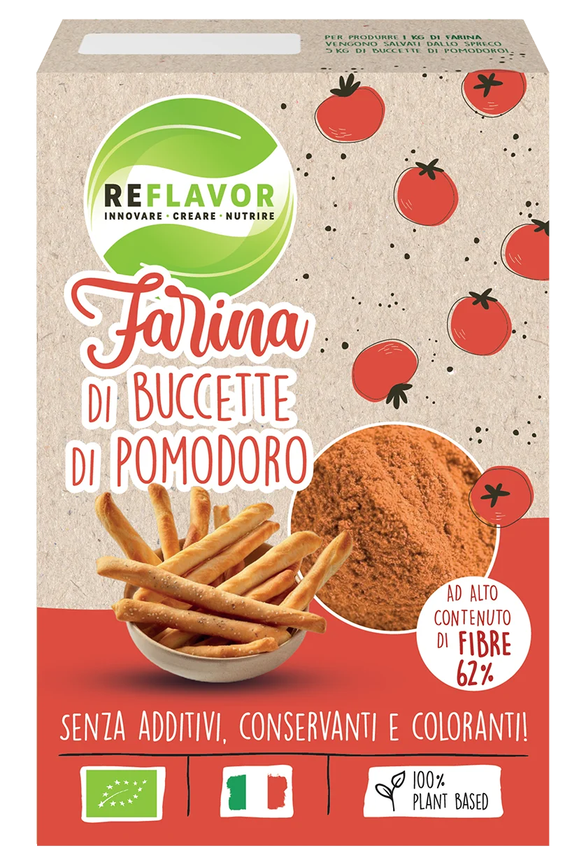 Pack della farina di buccette di pomodoro del brand reflavor