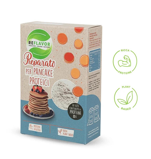 Pack del preparato per pancake proteici con di fianco due icone che mettono in evidenza i punti di forza